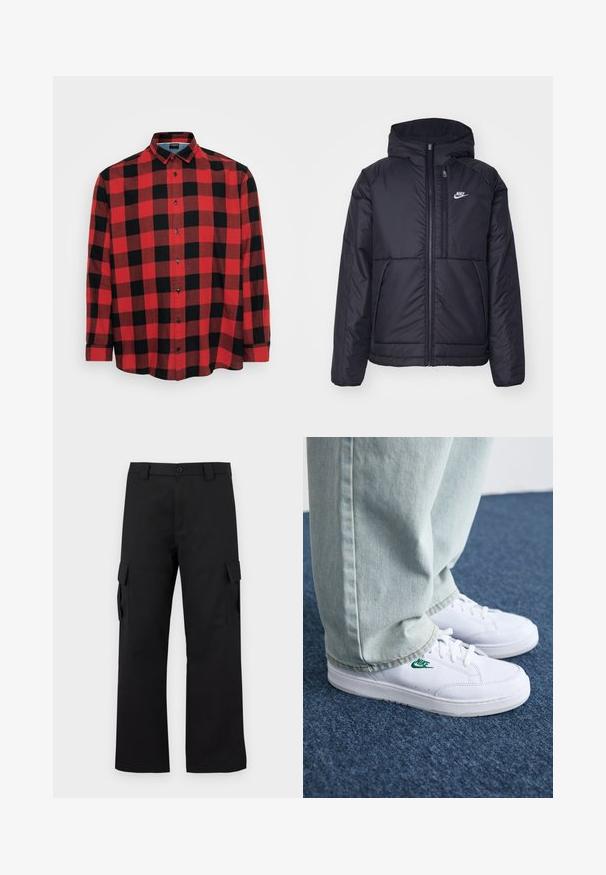 Črna, podložena Nike jakna z sprednjim zadrgo in kapuco. Ima bel logo na levem prsnem delu in dvojna sprednja žepa. Gladka zunanja tekstura.; Rdeča in črna karirana srajca z dolgimi rokavi, bombažna tkanina, ovratnik z gumbi, črni gumbi, z velikim karirastim vzorcem in ukrivljenim robom.; Črne cargo hlače s ravnim krojem. Narejene so iz trpežnega materiala in imajo dve stranski žepi s poklopcem ter gumbasto zaponko.; Bela usnjena športna obutev z zelenim Nike logotipom, okrogla konica, ravna podplat, v kombinaciji z svetlo modrimi kavbojkami, prikazana na modrem preprogu.