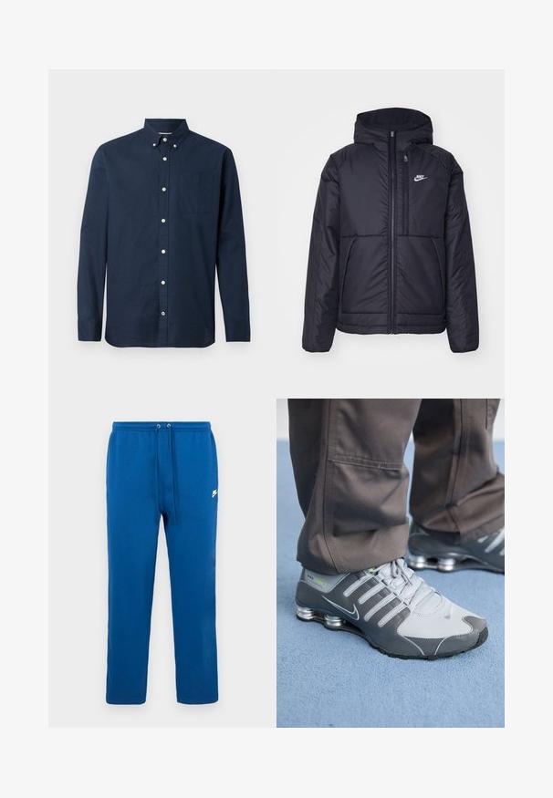 Casaco Nike preto, acolchoado, com fecho à frente e capuz. Apresenta um logo branco no lado esquerdo do peito e dois bolsos frontais. Textura exterior lisa.; Camisa de manga longa azul marinho feita de tecido leve, com colarinho abotoado, bolso frontal e botões brancos. Textura suave.; Calças de algodão azuis com cintura elástica e cordão, com um logótipo branco da marca na lateral. Design de perna reta, sem padrões.; Ténis Nike Shox cinza e prata apresentam um design elegante, com materiais em malha e sintéticos, ponta arredondada e colarinho acolchoado.