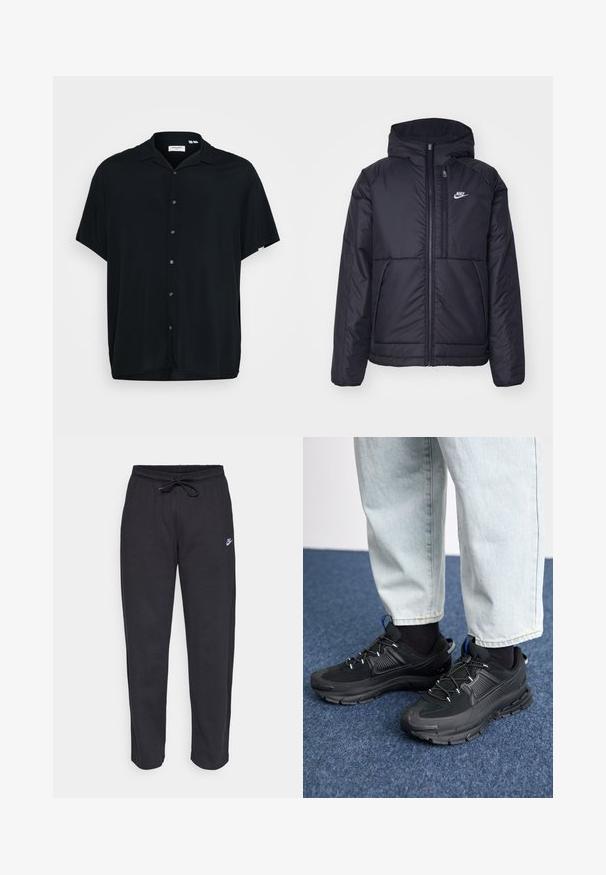 Juodas, paminkštintas Nike džemperis su priekyje užtrauktuku ir gobtuvu. Pasižymi balta logo kairėje krūtinės pusėje ir dviem priekinėmis kišenėmis. Su lygiu išoriniu paviršiumi.; Juoda trumpomis rankovėmis marškiniai su saga, pagaminti iš lengvos medžiagos. Turi plačią apykaklę, priekinį užsegimą sagomis ir laisvą siluetą.; Juodos sportinės kelnės, pagamintos iš minkštos medžiagos, su elastinga juostele, raišteliu ir mažuoju Nike logotipu kairiajame šlaunyje.; Juodi sportiniai bateliai su tekstūruota medžiaga ir guminiais padais, su elastingomis raišteliais ir mėlynu akcentu ant kulno. Dėvimi su šviesiai mėlynomis džinsinėmis kelnėmis.