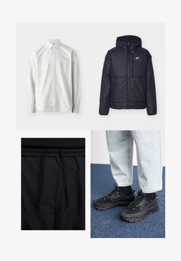 Casaco Nike preto, acolchoado, com fecho à frente e capuz. Apresenta um logo branco no lado esquerdo do peito e dois bolsos frontais. Textura exterior lisa.; Camisa de botão cinza claro com mangas longas, gola e um único bolso no peito. Feita de um tecido suave e tecido.; Calções pretos com um cós elástico ajustável, fabricados em tecido leve com uma textura suave e um design simples, sem logótipos ou padrões visíveis.; Sapatilhas desportivas pretas com tecido texturizado e solas em borracha, apresentando atacadores elásticos e um detalhe azul no calcanhar. Usadas com calças de ganga claras.