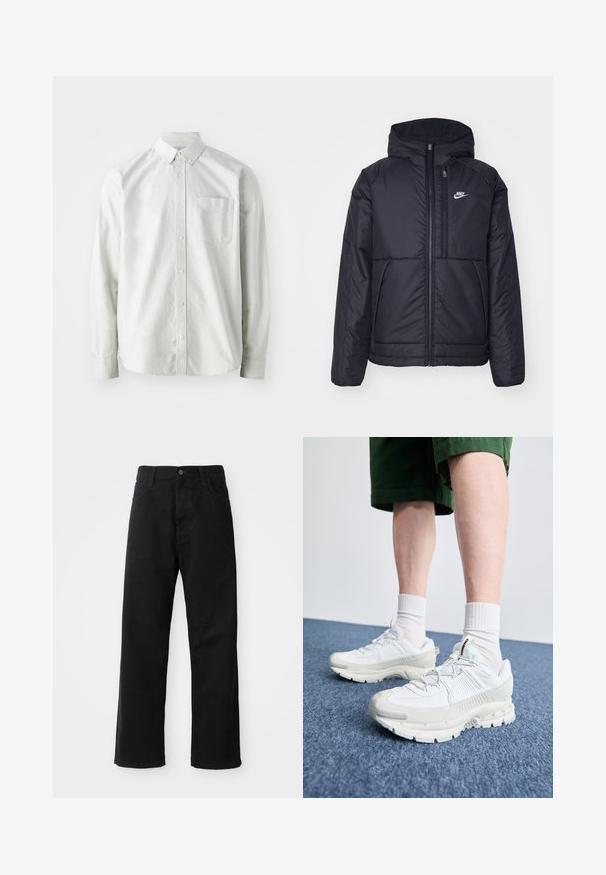 Juodas, paminkštintas Nike džemperis su priekyje užtrauktuku ir gobtuvu. Pasižymi balta logo kairėje krūtinės pusėje ir dviem priekinėmis kišenėmis. Su lygiu išoriniu paviršiumi.; Šviesiai pilkas mygtukų marškiniai su ilgomis rankovėmis, su apykakle ir viena krūtinės kišenė. Pagaminti iš lygaus, audinio.; Juodo džinsinio audinio keliaraiščiai su tiesia iškarpa, turintys priekinės kišenes, užtrauktuką ir vieną viršutinį mygtuką. Audinys tekstūruotas, su matinio paviršiaus apdaila.; Baltos sportinės bateliai su tekstūruotais uždengimais, masyviu padu ir pilkais akcentais. Dėvimi su baltais trumpais kojiniais ir žaliais šortais mėlyname paviršiuje.