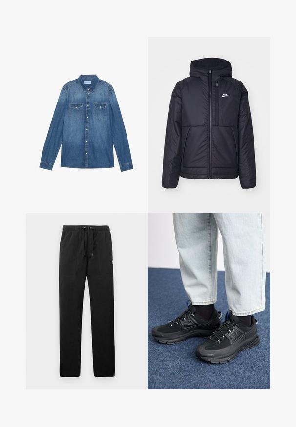 Černá zateplená bunda Nike s předním zipem a kapucí. Na levé straně hrudi má bílé logo a dvojité přední kapsy. Hladký povrch.; Tmavě modrá džínová košile s dlouhými rukávy, klasickým límcem, zapínáním na knoflíky, dvěma náprsními kapsami a kontrastním švem na švech.; Černé teplákové kalhoty vyrobené z fleecu, s elastickým pasem a šňůrkami, dvěma předními kapsami a malým logem na stehně.; Černé sportovní boty s texturovanou tkaninou a gumovou podrážkou, s elastickými tkaničkami a modrým akcentem na patě. Nosí se s světlými džíny.