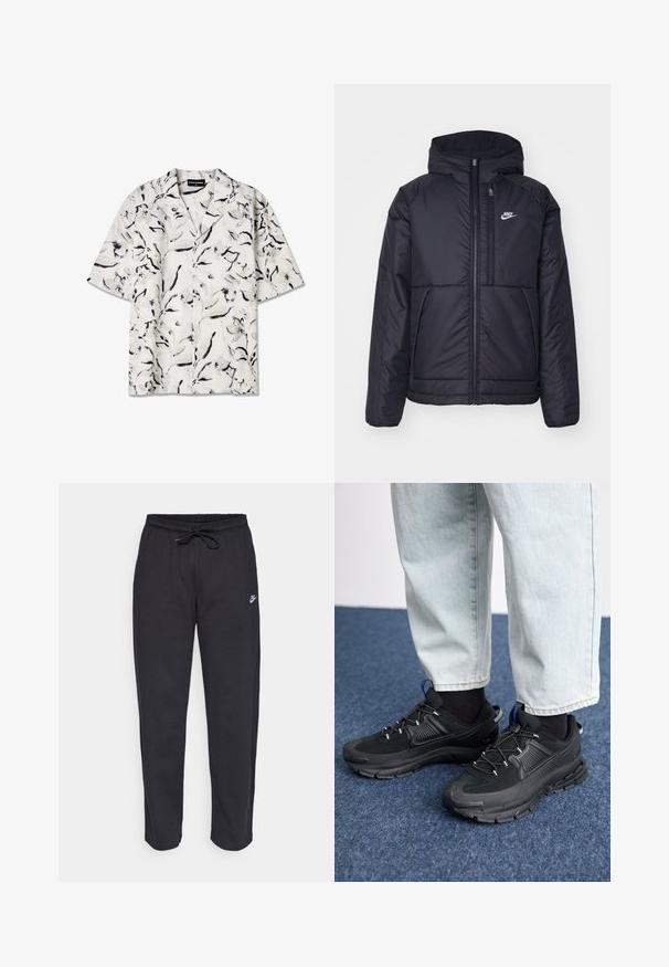 Fekete, párnázott Nike dzseki elülső cipzárral és kapucnival. A bal mellen fehér logó található, valamint két elülső zseb. Simának tűnő külső felület.; Rövidujjú, nyitott gallérú ing, fehér alapon fekete és szürke virágmintákkal. Könnyű anyag gombos részletekkel.; Fekete, puha anyagból készült melegítőnadrág, rugalmas derékkal, húzózsinórral és egy kis Nike logóval a bal combján.; Fekete sportcipők texturált anyaggal és gumitalppal, elasztikus fűzőkkel és kék kiegészítővel a saroknál. Világos farmernadrággal viselve.