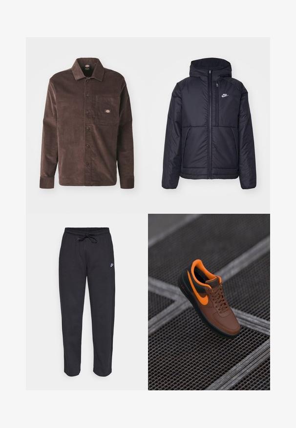 Schwarze, gepolsterte Nike-Jacke mit Frontreißverschluss und Kapuze. Hat ein weißes Logo auf der linken Brust und zwei Fronttaschen. Glattes äußeres Material.; Dickies Hemd - chocolate brown; Schwarze Sweatpants aus weichem Stoff mit elastischem Bund, Kordelzug und kleinem Nike-Logo auf dem linken Oberschenkel.; Braune Ledersneaker mit orangefarbenen Akzenten, runder Zehenpartie, Schnürdesign und strukturiertem Obermaterial. Grüne Gummisohle mit sichtbarem "AIR"-Branding.