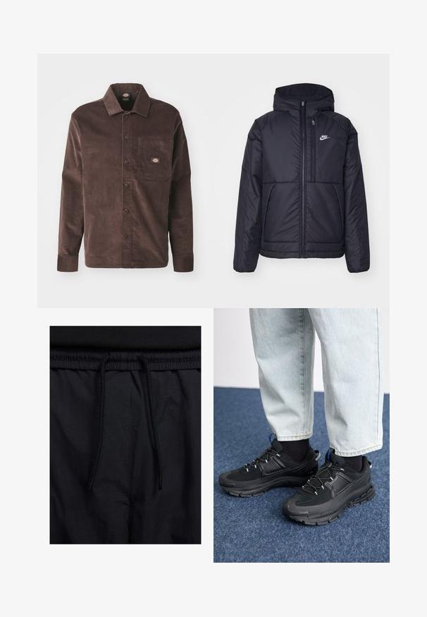 Svart, polstret Nike-jakke med frontglidelås og hette. Har en hvit logo på venstre bryst og doble frontlommer. Glatt ytterside.; Dickies Skjorte - chocolate brown; Sorte shorts med snor i livet, lett stoff med en jevn tekstur, og et enkelt design uten synlige logoer eller mønstre.; Svarte sportssko med teksturert stoff og gummisåler, med elastiske lisser og en blå detalj på hælen. Brukt med lyse denimbukser.
