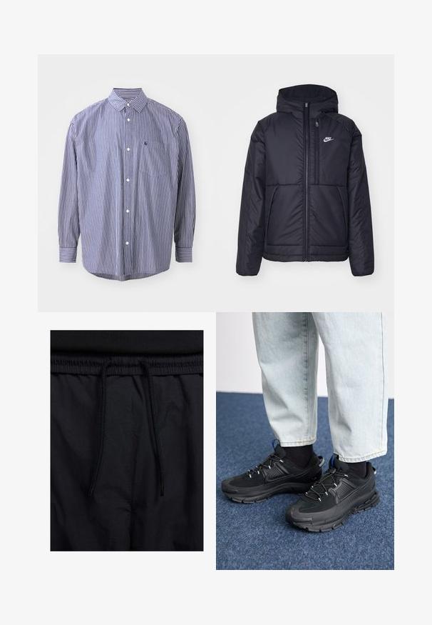 Černá zateplená bunda Nike s předním zipem a kapucí. Na levé straně hrudi má bílé logo a dvojité přední kapsy. Hladký povrch.; Pruhovaná košile na knoflíky v námořnické modré a bílé. Obsahuje límec, dlouhé rukávy, náprsní kapsu a zaoblený spodní lem. Klasický střih s texturovanou látkou.; Černé šortky s páskem na šňůrku, lehký materiál s hladkou texturou a jednoduchý design bez viditelných log nebo vzorů.; Černé sportovní boty s texturovanou tkaninou a gumovou podrážkou, s elastickými tkaničkami a modrým akcentem na patě. Nosí se s světlými džíny.