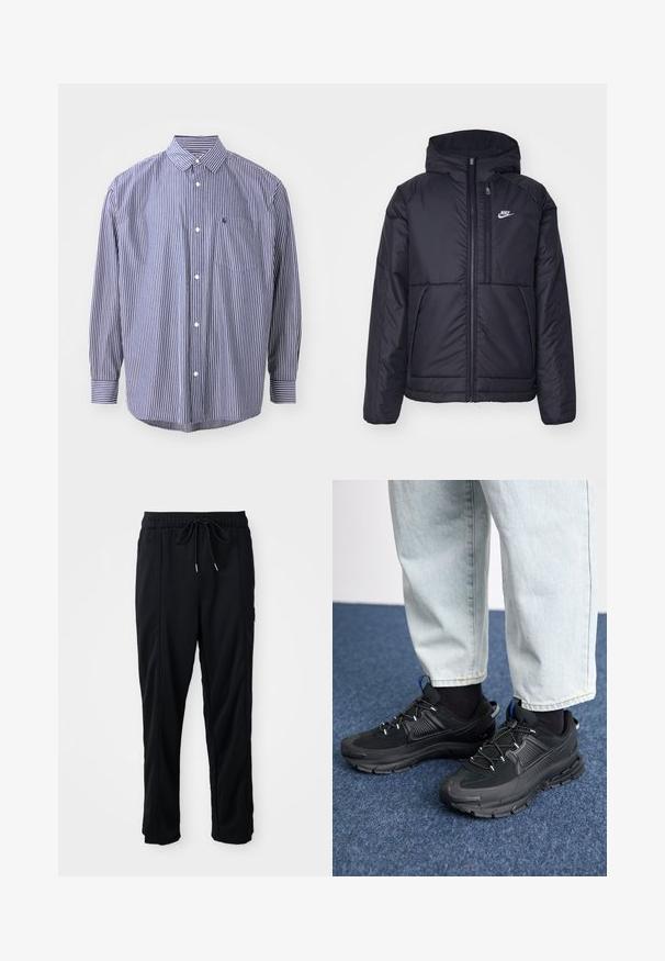 Veste Nike noire rembourrée avec une fermeture éclair sur le devant et une capuche. Elle présente un logo blanc sur la poitrine gauche et deux poches avant. Texture extérieure lisse.; Chemise à boutons rayée en bleu marine et blanc. Elle possède un col, des manches longues, une poche poitrine et un ourlet arrondi. Coupe classique avec un tissu texturé.; Pantalons décontractés noirs à taille à cordon de serrage avec poches latérales et coupe droite sur fond uni.; Des chaussures de sport noires avec un tissu texturé et des semelles en caoutchouc, dotées de lacets élastiques et d'un accent bleu au talon. Portées avec un pantalon en denim clair.