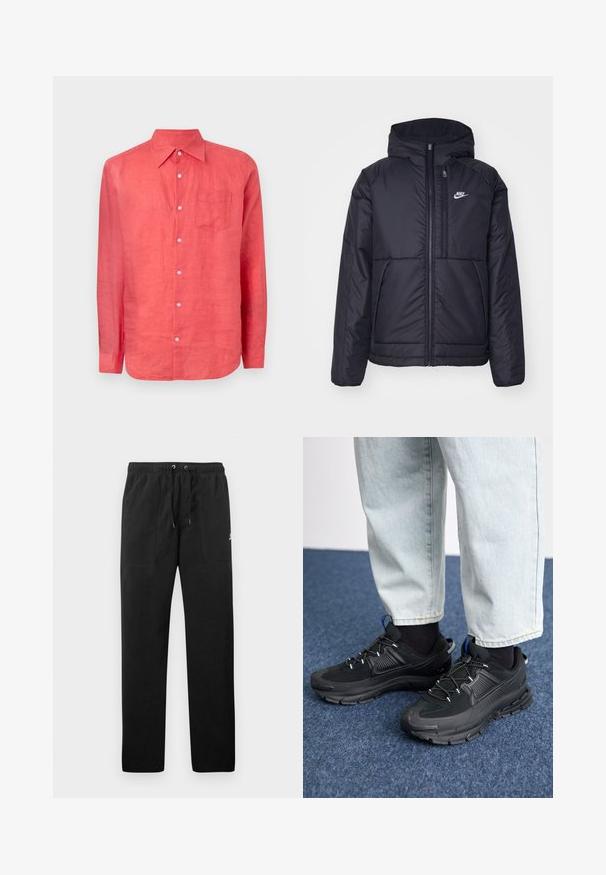 Zwarte, gewatteerde Nike-jas met een voorkant met ritssluiting en capuchon. Kenmerkt zich door een wit logo op de linkerborst en dubbele frontzakken. Gladde buitenkant.; GAP Overhemd - watermelon ice; Zwarte sweatpants van fleece, met een elastische tailleband met trekkoorden, twee voorzakken en een klein logo op de dij.; Zwarte sportschoenen met gestructureerde stof en rubberen zolen, met elastische veters en een blauwe accent op de hiel. Draag samen met lichte spijkerbroeken.