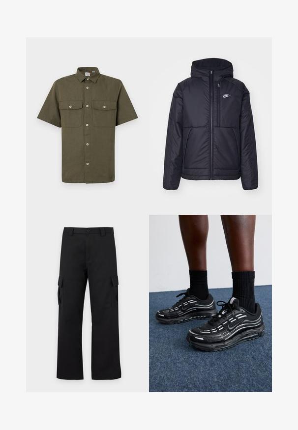 Juodas, paminkštintas Nike džemperis su priekyje užtrauktuku ir gobtuvu. Pasižymi balta logo kairėje krūtinės pusėje ir dviem priekinėmis kišenėmis. Su lygiu išoriniu paviršiumi.; Švarkas trumpomis rankovėmis, pagamintas iš alyvuogių žalios spalvos audinio. Jame yra dvi krūtinės kišenės, klasikinis apykaklė ir priekinis mygtukų užsegimas su baltais mygtukais.; Juodi cargo kelnės su tiesiu kojų dizainu. Pagamintos iš tvirto audinio, turi dvi šonines kišenes su užsegamais dangteliais ir mygtukų užtrauktuką.; Juodi Nike batai turi orui pralaidžią viršutinę dalį su akcento juostelėmis, tekstūruotais raišteliais ir juodu guminio pado. Dėvimi su juodais šonkauliniais sokais.