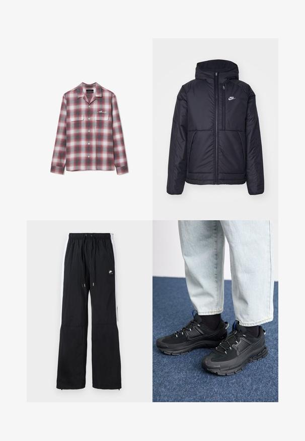 Schwarze, gepolsterte Nike-Jacke mit Frontreißverschluss und Kapuze. Hat ein weißes Logo auf der linken Brust und zwei Fronttaschen. Glattes äußeres Material.; Rote und graue karierte Flanellhemden mit langen Ärmeln, zwei Brusttaschen, Knopfverschluss und einem gestickten Logo auf der linken Seite.; Schwarze Sportpants mit elastischem Bund, weißen Seitenstreifen, Reißverschluss-Manschetten und einem gummierten Logo-Detail auf der Vorderseite.; Schwarze Sportschuhe aus strukturiertem Stoff mit Gummisohlen, ausgestattet mit elastischen Schnürsenkeln und einem blauen Akzent an der Ferse. Getragen mit hellen Jeans.