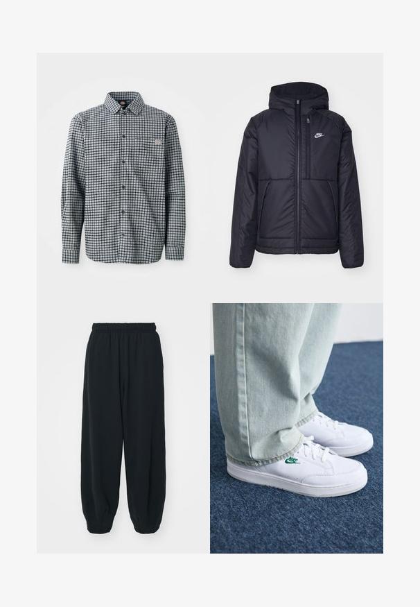 Μαύρο, επενδυμένο μπουφάν Nike με μπροστινό φερμουάρ και κουκούλα. Διαθέτει λευκό λογότυπο στο αριστερό στήθος και διπλές μπροστινές τσέπες. Λείο εξωτερικό υλικό.; Μακρυμάνικο πουκάμισο με καρό σε ασπρόμαυρο χρώμα, με γιακά και μικρή λογότυπο θήκη στην αριστερή πλευρά της τσέπης.; Μαύρες, φόρμες με ελαστική μέση και χαλαρή εφαρμογή, με ρεβέρ στους αστραγάλους, λεία υφή και χωρίς ορατά μοτίβα ή αξεσουάρ.; Λευκά δερμάτινα sneakers με πράσινο λογότυπο Nike, στρογγυλή μύτη, επίπεδη σόλα, συνδυασμένα με ανοιχτό μπλε τζην παντελόνι, τοποθετημένα σε μπλε χαλί.