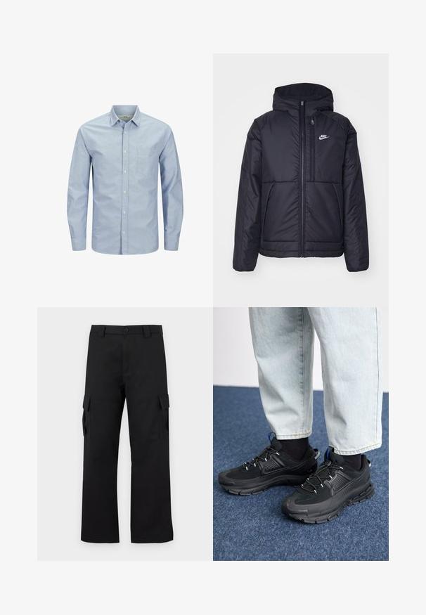 Chaqueta acolchada negra de Nike con cremallera frontal y capucha. Presenta un logo blanco en el lado izquierdo del pecho y dos bolsillos frontales. Textura exterior suave.; Camisa de botones de manga larga azul claro con un bolsillo en el pecho izquierdo. Hecha de una tela suave con una textura lisa y un sutil detalle de logo.; Pantalones cargo negros con un diseño de pierna recta. Fabricados con un tejido duradero, cuentan con dos bolsillos laterales con cierres de solapa y una cremallera de botón.; Zapatillas deportivas negras con tejido texturizado y suelas de goma, con cordones elásticos y un acento azul en el talón. Combinadas con pantalones de mezclilla claros.