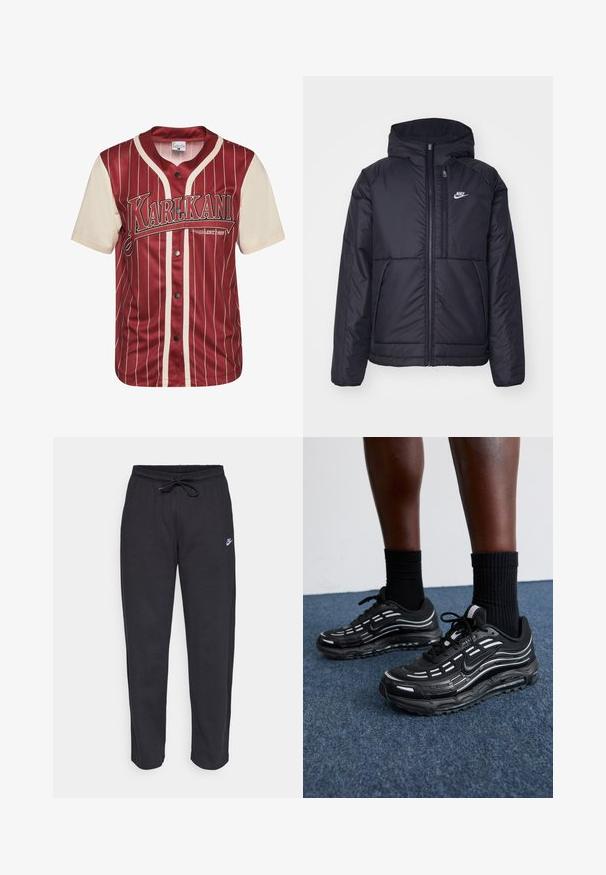 Must musta Nike jope, millel on ees lukuga avamine ja kapuuts. Vasakpoolne rind on kaunistatud valge logoga ning ees on kaks taskut. Sile välimine tekstuur.; Punane ja kreemjas kampsun vertikaalsete triipudega, millel on nööbid ees ja logo rinnal. Valmistatud siledast kangast, millel on pehme tekstuur.; Mustad mustad, pehmest kangast, elastse vöökoha, nööriga ja väikese Nike logo'ga vasakul reiel.; Mustad mustad Nike'i jalanõud on varustatud võrkstruktuuriga pealispinna, aktsenttriipude, tekstuuritud paelte ja musta kummist tallaga. Kannan mustade ribakudumiste sokkidega.