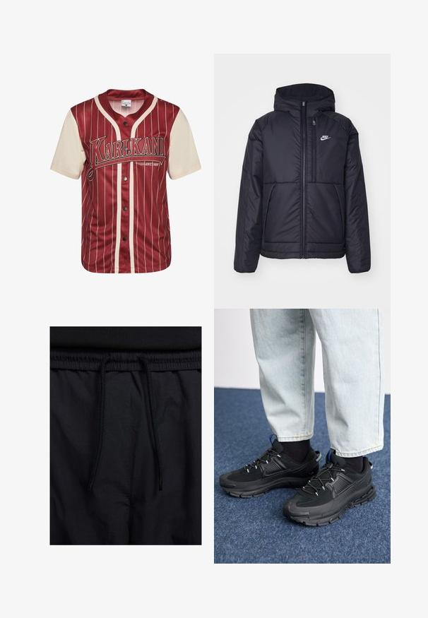 Fekete, párnázott Nike dzseki elülső cipzárral és kapucnival. A bal mellen fehér logó található, valamint két elülső zseb. Simának tűnő külső felület.; Piros és krém színű, függőleges csíkos póló, gombos elölről, mellkasán logóval. Simább anyagból készült, puha tapintással.; Fekete rövidnadrág, húzózsinórral ellátott derékrésszel, könnyű anyagból, sima felszínen, egyszerű dizájnnal, látható logók vagy minták nélkül.; Fekete sportcipők texturált anyaggal és gumitalppal, elasztikus fűzőkkel és kék kiegészítővel a saroknál. Világos farmernadrággal viselve.