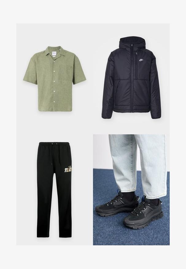 Veste Nike noire rembourrée avec une fermeture éclair sur le devant et une capuche. Elle présente un logo blanc sur la poitrine gauche et deux poches avant. Texture extérieure lisse.; Chemise en lin vert olive à manches courtes avec col, fermeture à boutons sur le devant et une poche poitrine. Tissu texturé avec une finition naturelle.; Pantalon de survêtement noir en tissu doux, doté d'une ceinture élastique avec cordons de serrage, de jambes fuselées et d'un logo "nike" brodé en or.; Des chaussures de sport noires avec un tissu texturé et des semelles en caoutchouc, dotées de lacets élastiques et d'un accent bleu au talon. Portées avec un pantalon en denim clair.