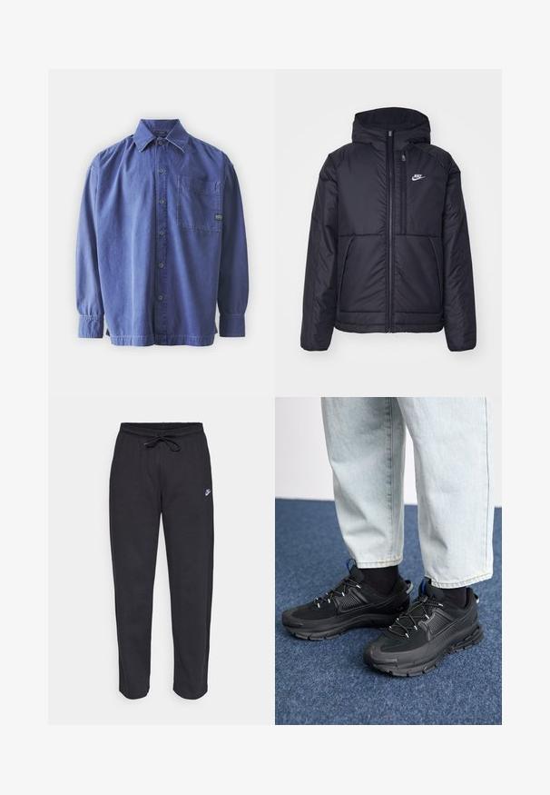 Svart, polstret Nike-jakke med frontglidelås og hette. Har en hvit logo på venstre bryst og doble frontlommer. Glatt ytterside.; G-STAR BOXY FIT OVERSHIRT - Skjorte - faded ciel blue; Sorte sweatpants laget av mykt stoff med elastisk midjebånd, snøring og en liten Nike-logo på venstre lår.; Svarte sportssko med teksturert stoff og gummisåler, med elastiske lisser og en blå detalj på hælen. Brukt med lyse denimbukser.