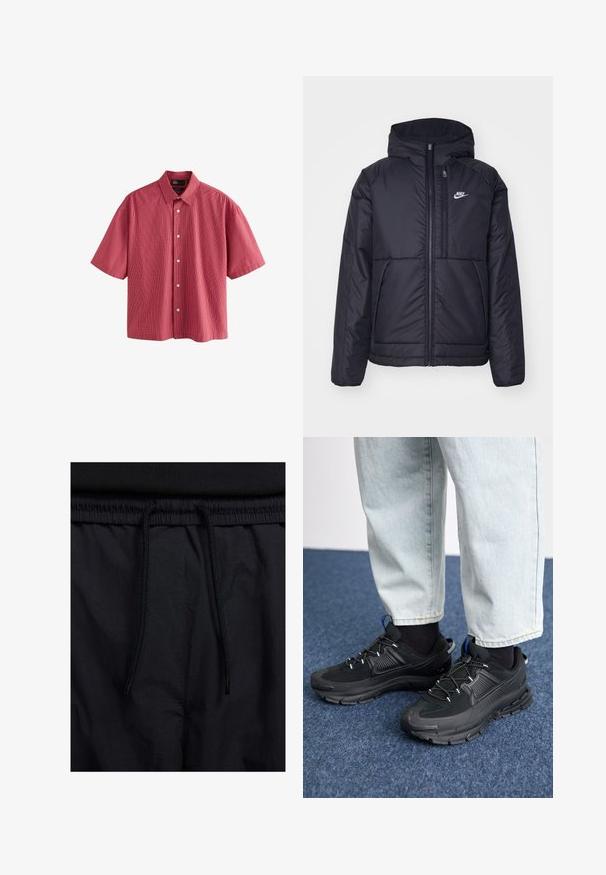 Black, padded Nike jacket with a front zipper and hood. Features a white logo on the left chest and dual front pockets. Smooth exterior texture.; Short-sleeve button-up shirt in red and white check pattern, made of lightweight fabric with a classic collar and front buttons.; Black shorts featuring a drawstring waistband, lightweight fabric with a smooth texture, and a simple design without visible logos or patterns.; Black athletic shoes with textured fabric and rubber soles, featuring elastic laces and a blue accent on the heel. Worn with light denim pants.