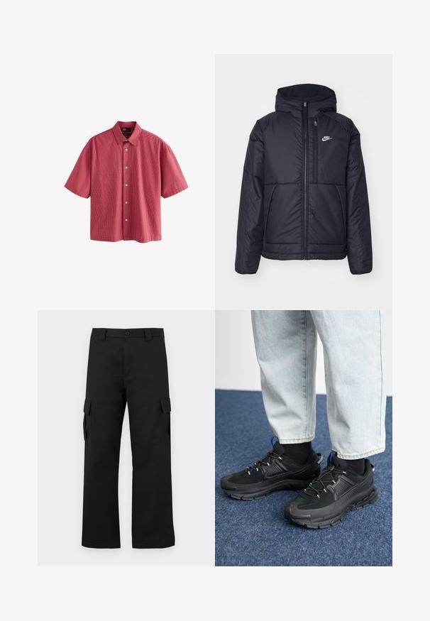 Giacca Nike nera, imbottita, con zip frontale e cappuccio. Presenta un logo bianco sul lato sinistro del petto e doppie tasche frontali. Texture esterna liscia.; Camicia a maniche corte con bottoni, in un motivo a quadri rosso e bianco, realizzata in tessuto leggero, con colletto classico e bottoni frontali.; Pantaloni cargo neri con design a gamba dritta. Realizzati in tessuto resistente, dotati di due tasche laterali con chiusura a pattina e chiusura con bottone.; Scarpe sportive nere con tessuto testurizzato e suole in gomma, dotate di lacci elastici e un accento blu sul tallone. Indossate con pantaloni in denim chiaro.