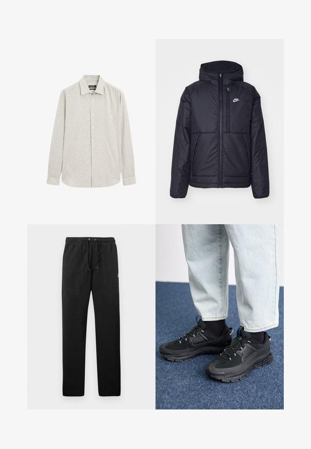 Black, padded Nike jacket with a front zipper and hood. Features a white logo on the left chest and dual front pockets. Smooth exterior texture.; Button-up shirt in light green check pattern, made of cotton blend. Features a classic collar and long sleeves, with a straight hem.; Black sweatpants made of fleece, featuring an elastic waistband with drawstrings, two front pockets, and a small logo on the thigh.; Black athletic shoes with textured fabric and rubber soles, featuring elastic laces and a blue accent on the heel. Worn with light denim pants.