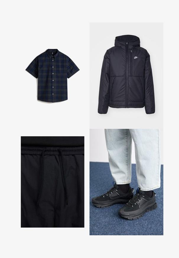 Chaqueta acolchada negra de Nike con cremallera frontal y capucha. Presenta un logo blanco en el lado izquierdo del pecho y dos bolsillos frontales. Textura exterior suave.; Vans LAWSON - Camisa - medium blue; Pantalones cortos negros con cinturilla ajustable, tejido ligero con una textura suave y un diseño sencillo sin logotipos visibles ni patrones.; Zapatillas deportivas negras con tejido texturizado y suelas de goma, con cordones elásticos y un acento azul en el talón. Combinadas con pantalones de mezclilla claros.