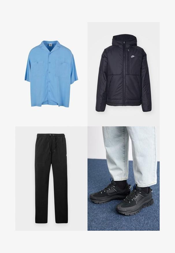 Svart, vadderad Nike-jacka med dragkedja framtill och huva. Har en vit logotyp på vänster bröst och dubbla framfickor. Slät yttextur.; Urban Classics RESORT - Skjorta - horizonblue; Svarta sweatpants i fleece, med resårmidja och dragsko, två framfickor och en liten logotyp på låret.; Svarta sportskor med texturerat tyg och gummisulor, med elastiska snörningar och en blå detalj på hälen. Bärs med ljusa jeans.