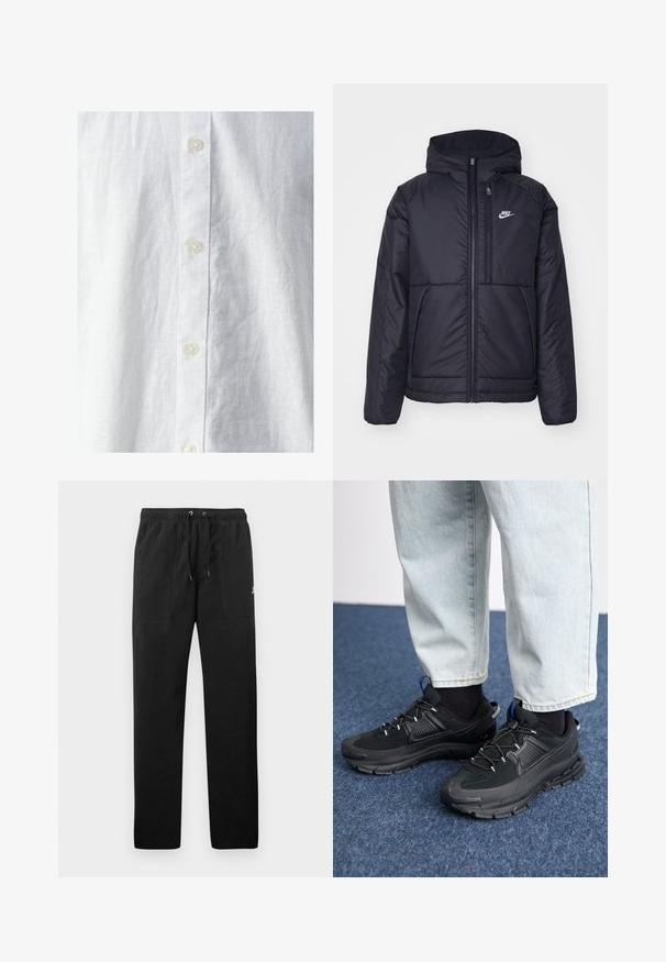 Casaco Nike preto, acolchoado, com fecho à frente e capuz. Apresenta um logo branco no lado esquerdo do peito e dois bolsos frontais. Textura exterior lisa.; Camisa de linho branca com uma superfície texturizada, apresentando uma pala de botões à frente e três botões visíveis. Design clássico sem padrões.; Calças de fato de treino pretas feitas de polar, com uma cintura elástica e cordões, dois bolsos frontais e um pequeno logótipo na coxa.; Sapatilhas desportivas pretas com tecido texturizado e solas em borracha, apresentando atacadores elásticos e um detalhe azul no calcanhar. Usadas com calças de ganga claras.