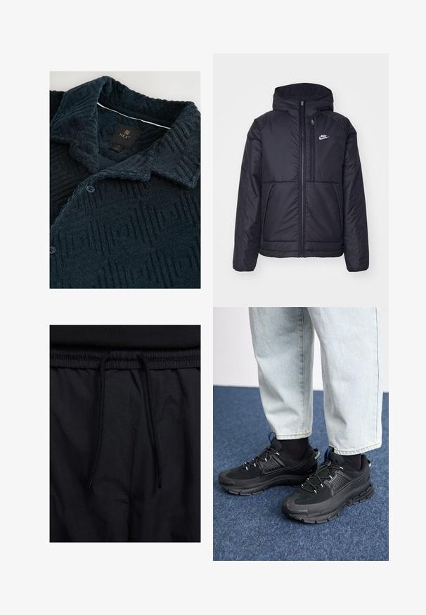 Veste Nike noire rembourrée avec une fermeture éclair sur le devant et une capuche. Elle présente un logo blanc sur la poitrine gauche et deux poches avant. Texture extérieure lisse.; Chemise texturée bleu marine avec un motif géométrique, dotée d'un col évasé, de deux boutons et d'une étiquette de marque sur le col.; Shorts noirs avec un élastique à cordon de serrage, en tissu léger avec une texture lisse, et un design simple sans logos ni motifs visibles.; Des chaussures de sport noires avec un tissu texturé et des semelles en caoutchouc, dotées de lacets élastiques et d'un accent bleu au talon. Portées avec un pantalon en denim clair.