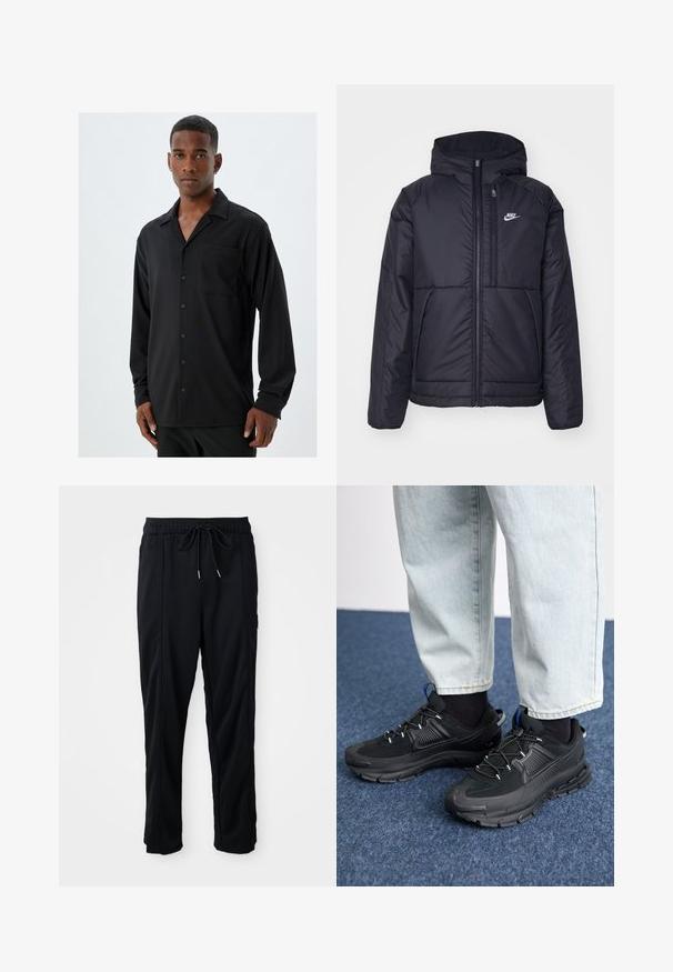 Zwarte, gewatteerde Nike-jas met een voorkant met ritssluiting en capuchon. Kenmerkt zich door een wit logo op de linkerborst en dubbele frontzakken. Gladde buitenkant.; Zwarte lange mouw shirt met een uitgesneden kraag, voorzak en knoopsluiting; gladde stof met een subtiele textuur.; Zwarte casual broek met koord in de taille, met zijzakken en rechte pijpen op een effen achtergrond.; Zwarte sportschoenen met gestructureerde stof en rubberen zolen, met elastische veters en een blauwe accent op de hiel. Draag samen met lichte spijkerbroeken.