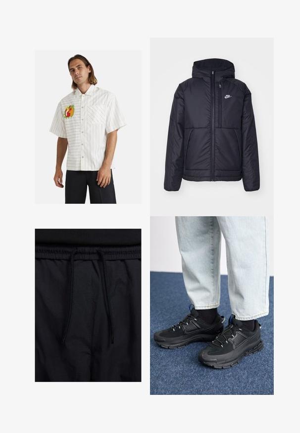 Giacca Nike nera, imbottita, con zip frontale e cappuccio. Presenta un logo bianco sul lato sinistro del petto e doppie tasche frontali. Texture esterna liscia.; Camicia bianca a maniche corte con strisce verticali nere, caratterizzata da un ricamo colorato di frutta sul lato sinistro del petto e una tasca frontale singola.; Shorts neri con vita regolabile tramite coulisse, tessuto leggero con una texture liscia e un design semplice senza loghi o motivi visibili.; Scarpe sportive nere con tessuto testurizzato e suole in gomma, dotate di lacci elastici e un accento blu sul tallone. Indossate con pantaloni in denim chiaro.