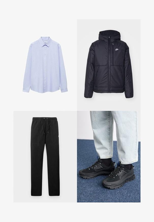 Črna, podložena Nike jakna z sprednjim zadrgo in kapuco. Ima bel logo na levem prsnem delu in dvojna sprednja žepa. Gladka zunanja tekstura.; Svijetloplava košulja dugih rukava od pamuka, s klasičnom kragnom, dugmadi sprijeda i rukavima s manžetama. Glatka tekstura bez uzoraka.; Črne trenirke iz flisa, z elastičnim pasom in vrvico, dvema sprednjima žepoma ter majhnim logotipom na stegnu.; Črne športne čevlje z teksturirano tkanino in gumijastimi podplati, ki imajo elastične vezalke ter modre poudarke na peti. Nosi se z lahkimi denim hlačami.