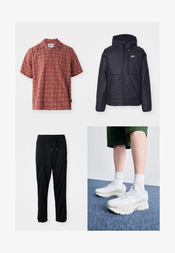 Giacca Nike nera, imbottita, con zip frontale e cappuccio. Presenta un logo bianco sul lato sinistro del petto e doppie tasche frontali. Texture esterna liscia.; Camicia a maniche corte di colore rosso con cuore bianco e motivo a pois. Realizzata in tessuto leggero, con chiusura a bottoni e colletto classico.; Pantaloni casual neri con elastico in vita, tasche laterali e taglio dritto su uno sfondo uniforme.; Scarpe da ginnastica bianche con sovrapposizioni testurizzate, suola spessa e accenti grigi. Indossate con calze corte bianche e pantaloni corti verdi su una superficie blu.