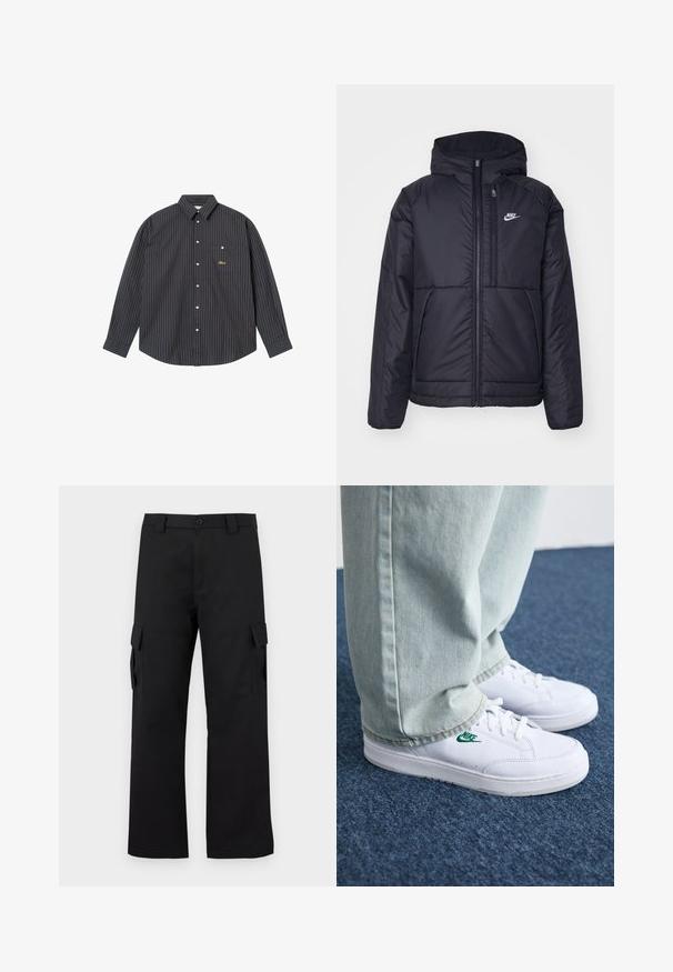 Czarna, pikowana kurtka Nike z przednim zamkiem błyskawicznym i kapturem. Posiada białe logo po lewej stronie klatki piersiowej oraz podwójne kieszenie z przodu. Gładka struktura zewnętrzna.; Granatowa koszula z długim rękawem z cienkimi pionowymi pasami w jasnym niebieskim i pomarańczowym kolorze, z kołnierzykiem zapinanym na guziki, jedną kieszenią na piersi oraz haftowanym logo.; Czarne spodnie cargo o prostym kroju. Wykonane z trwałej tkaniny, posiadają dwie boczne kieszenie z klapkami oraz zapięcie na guzik.; Białe skórzane sneakersy z zielonym logo Nike, okrągły czubek, płaska podeszwa, zestawione z jasnoniebieskimi dżinsami, pokazane na niebieskim dywanie.