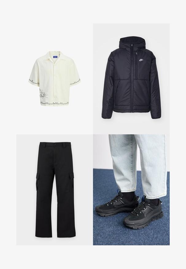 Veste Nike noire rembourrée avec une fermeture éclair sur le devant et une capuche. Elle présente un logo blanc sur la poitrine gauche et deux poches avant. Texture extérieure lisse.; Chemise à manches courtes de couleur crème claire avec un col, arborant un motif de croquis gris sur le devant et des détails de bordure décoratifs.; Pantalons cargo noirs avec une coupe droite. Fabriqués à partir d'un tissu durable, ils disposent de deux poches latérales avec fermetures à rabat et d'un zip à bouton.; Des chaussures de sport noires avec un tissu texturé et des semelles en caoutchouc, dotées de lacets élastiques et d'un accent bleu au talon. Portées avec un pantalon en denim clair.