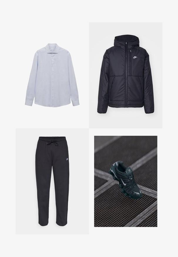 Giacca Nike nera, imbottita, con zip frontale e cappuccio. Presenta un logo bianco sul lato sinistro del petto e doppie tasche frontali. Texture esterna liscia.; Camicia azzurra a maniche lunghe con bottoni, caratterizzata da sottili righe verticali bianche, tessuto morbido, colletto classico e chiusura con bottoni sulla parte anteriore.; Pantaloni della tuta neri realizzati in tessuto morbido con vita elastica, coulisse e un piccolo logo Nike sulla coscia sinistra.; Sneaker Nike Shox di colore verde scuro con tomaia in rete, elementi in gomma e una distintiva suola ammortizzata. Logo Nike argentato sul lato. Dettagli testurizzati visibili.