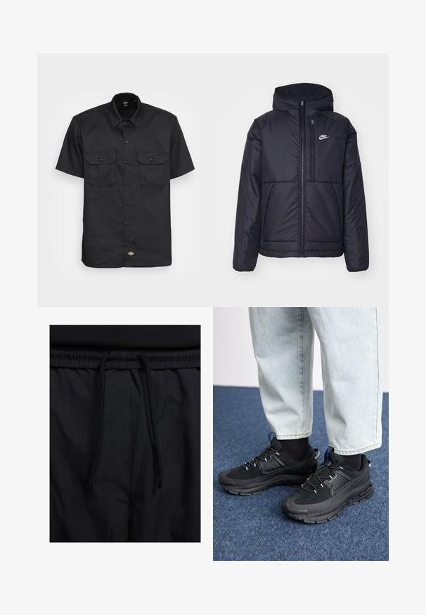 Casaco Nike preto, acolchoado, com fecho à frente e capuz. Apresenta um logo branco no lado esquerdo do peito e dois bolsos frontais. Textura exterior lisa.; Camisa preta de mangas curtas feita de tecido suave; possui dois bolsos no peito com aba, fecho por botão e um colarinho clássico.; Calções pretos com um cós elástico ajustável, fabricados em tecido leve com uma textura suave e um design simples, sem logótipos ou padrões visíveis.; Sapatilhas desportivas pretas com tecido texturizado e solas em borracha, apresentando atacadores elásticos e um detalhe azul no calcanhar. Usadas com calças de ganga claras.