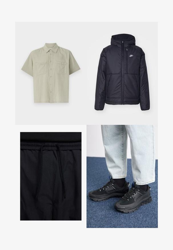 Jachetă Nike neagră, căptușită, cu fermoar pe față și glugă. Prezintă un logo alb pe pieptul stâng și două buzunare frontale. Textură exterioară netedă.; Cămașă gri deschis, cu mânecă scurtă, dintr-un material texturat. Prezintă un sistem de închidere cu nasturi în față și două buzunare pe piept. Design clasic al gulerului.; Șorturi negre cu un brâu reglabil, dintr-un material ușor cu o textură netedă și un design simplu, fără logo-uri sau modele vizibile.; Pantofi sport negri, cu țesătură texturată și tălpi din cauciuc, având șireturi elastice și un accent albastru pe toc. Purtați cu pantaloni din denim deschis.