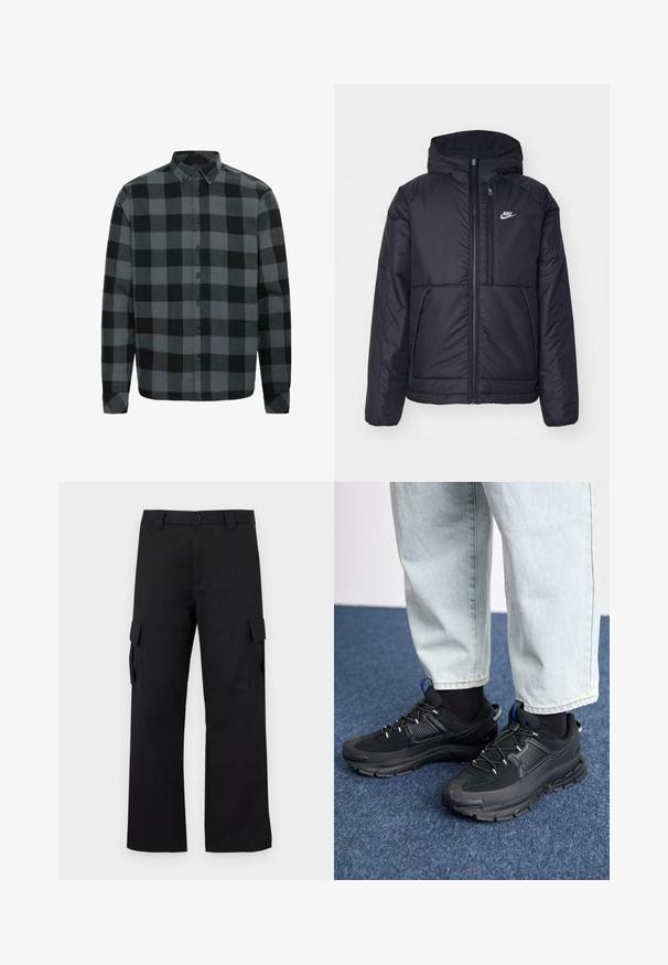 Black, padded Nike jacket with a front zipper and hood. Features a white logo on the left chest and dual front pockets. Smooth exterior texture.; Gray and black checkered flannel shirt with long sleeves, button-down collar, and front buttons. Soft texture with a relaxed fit.; Black cargo pants with a straight leg design. Made from durable fabric, featuring two side pockets with flap closures and a button fly.; Black athletic shoes with textured fabric and rubber soles, featuring elastic laces and a blue accent on the heel. Worn with light denim pants.