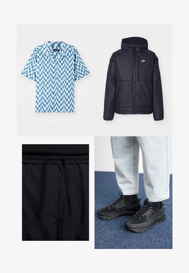 Veste Nike noire rembourrée avec une fermeture éclair sur le devant et une capuche. Elle présente un logo blanc sur la poitrine gauche et deux poches avant. Texture extérieure lisse.; Chemise à manches courtes boutonnée aux tons bleus avec un motif zigzag géométrique, confectionnée en tissu léger. Présente un col classique et une coupe régulière.; Shorts noirs avec un élastique à cordon de serrage, en tissu léger avec une texture lisse, et un design simple sans logos ni motifs visibles.; Des chaussures de sport noires avec un tissu texturé et des semelles en caoutchouc, dotées de lacets élastiques et d'un accent bleu au talon. Portées avec un pantalon en denim clair.