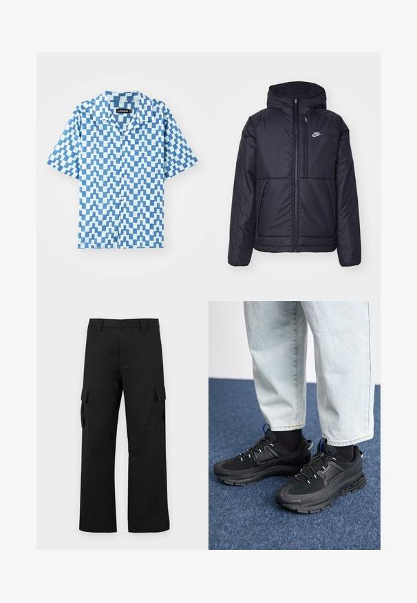 Musta, pehmustettu Nike-takki, jossa on etuvetoketju ja huppu. Vasemmassa rinnassa on valkoinen logo ja takissa on kaksinkertaiset etutaskut. Pintakoe on sileä.; Lyhythihainen nappikauluspaita sinisissä sävyissä, jossa on geometrinen zigzag-kuvio. Valmistettu kevyestä kankaasta. Ominaisuuksiin kuuluu klassinen kaulus ja normaali istuvuus.; Musta cargo-housut suoralla lahkeella. Valmistettu kestävästä kankaasta, jossa on kaksi sivutaskua läppäkiinnityksellä ja nappisuljenta.; Mustat urheilukengät, joissa on teksturoitu kangas ja kumipohjat, elastiset nauhat ja sininen yksityiskohta kannassa. Yhdistetty vaaleisiin farkkuihin.