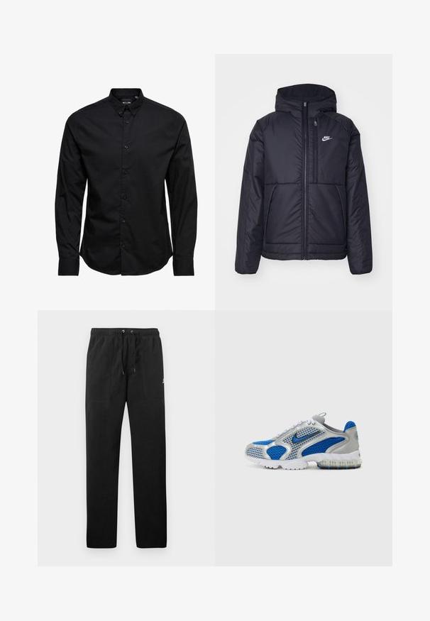 Must musta Nike jope, millel on ees lukuga avamine ja kapuuts. Vasakpoolne rind on kaunistatud valge logoga ning ees on kaks taskut. Sile välimine tekstuur.; Musträid pikkade varrukatega nööpidega särk, mis on valmistatud puuvillast. Omab klassikalist kraed, esipoolse nööpide kinnitust ja sirget äärt, ilma mustrite või dekoratsioonideta.; Mustad fliisist sportpüksid, millel on elastne vöö ja paelad, kaks esi-taskut ning väike logo reie peal.; Sinine ja hõbedane spordijalatse, mis sisaldavad võrgusilma paneele, polsterdatud kaelaosa ja läbipaistvat talla, millel on sinised aktsendid. Kontrastsed kardinatooted täiendavad disaini.