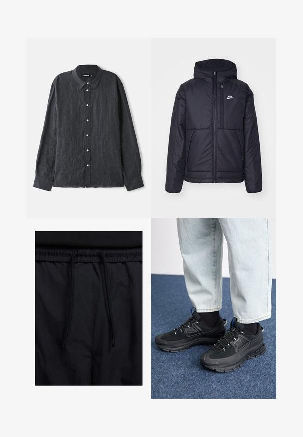 Črna, podložena Nike jakna z sprednjim zadrgo in kapuco. Ima bel logo na levem prsnem delu in dvojna sprednja žepa. Gladka zunanja tekstura.; Temno siva lanena srajca z dolgimi rokavi in ovratnikom na gumbe, z obdelanim sprednjim delom in belimi gumbi ter sproščenim krojem.; Črne kratke hlače z vrvico v pasu, lahkotna tkanina z gladko teksturo in preprosto zasnovo brez vidnih logotipov ali vzorcev.; Črne športne čevlje z teksturirano tkanino in gumijastimi podplati, ki imajo elastične vezalke ter modre poudarke na peti. Nosi se z lahkimi denim hlačami.