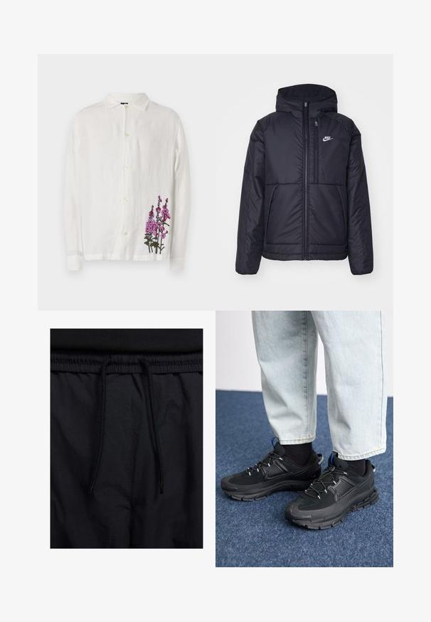 Svart, polstret Nike-jakke med frontglidelås og hette. Har en hvit logo på venstre bryst og doble frontlommer. Glatt ytterside.; Hvit lin skjorte med lange ermer, knappeåpning og livlige rosa blomsterbroderier på nederste høyre side. Myk tekstur.; Sorte shorts med snor i livet, lett stoff med en jevn tekstur, og et enkelt design uten synlige logoer eller mønstre.; Svarte sportssko med teksturert stoff og gummisåler, med elastiske lisser og en blå detalj på hælen. Brukt med lyse denimbukser.