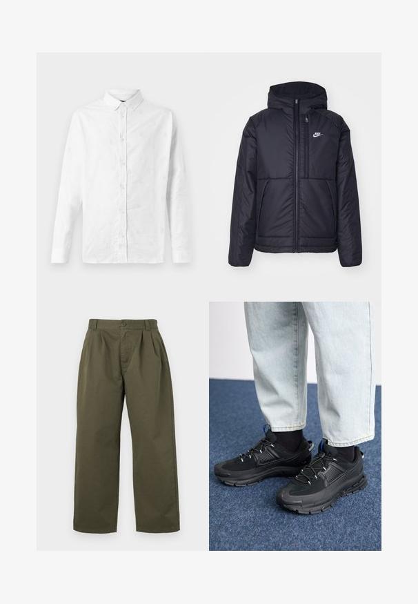 Must musta Nike jope, millel on ees lukuga avamine ja kapuuts. Vasakpoolne rind on kaunistatud valge logoga ning ees on kaks taskut. Sile välimine tekstuur.; Valge pika varrukaga puuvillane särk, millel on hele mustriga tikandid, nööpidega krae ja ees nööpide sulgemine.; Oliivrohelised puuvillased püksid, sirge lõikega, ees volditud ning nööp sulgemisega taljes. Nähtavaid taskuid ei ole.; Mustad mustad jooksukingad, millel on tekstureeritud kangas ja kummist tallad, elastsed nöörid ning sinine aksent kandadel. Kandmine heledate teksadega.