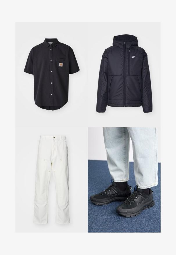 Sort, polstret Nike-jakke med frontlynlås og hætte. Har et hvidt logo på venstre bryst og to frontlommer. Glat ydre tekstur.; Kortærmet, knappet skjorte i struktureret mørkeblå stof, der har en brystlomme fortil med en firkantet logo-patch og hvide knapper.; Hvide bomulds cargo bukser med en afslappet pasform. Funktioner inkluderer for- og baglommer, guldfarvede hardware detaljer og forstærkede knæsektioner.; Sorte træningssko med tekstureret stof og gummisåler, udstyret med elastiske snørebånd og en blå detalje på hælen. Bæres med lyse denimbukser.