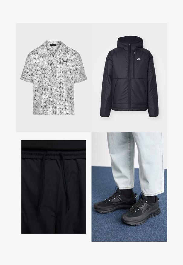Casaco Nike preto, acolchoado, com fecho à frente e capuz. Apresenta um logo branco no lado esquerdo do peito e dois bolsos frontais. Textura exterior lisa.; Camisa de manga curta com colarinho em branco e preto. Apresenta um padrão ondulado, fecho com botões à frente e um logótipo discreto no peito. Tecido leve.; Calções pretos com um cós elástico ajustável, fabricados em tecido leve com uma textura suave e um design simples, sem logótipos ou padrões visíveis.; Sapatilhas desportivas pretas com tecido texturizado e solas em borracha, apresentando atacadores elásticos e um detalhe azul no calcanhar. Usadas com calças de ganga claras.