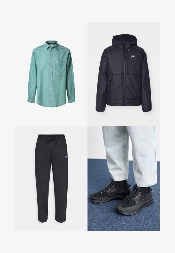 Musta, pehmustettu Nike-takki, jossa on etuvetoketju ja huppu. Vasemmassa rinnassa on valkoinen logo ja takissa on kaksinkertaiset etutaskut. Pintakoe on sileä.; Vihreä raitapaita, jossa on pitkät hihat, vaaleansiniset ja valkoiset pystyrivit, yksi rintatasku ja pieni brändilogo.; Mustat verkkareita pehmeästä kankaasta, jossa on joustava vyötärö, nyöri ja pieni Nike-logo vasemmassa reidessä.; Mustat urheilukengät, joissa on teksturoitu kangas ja kumipohjat, elastiset nauhat ja sininen yksityiskohta kannassa. Yhdistetty vaaleisiin farkkuihin.