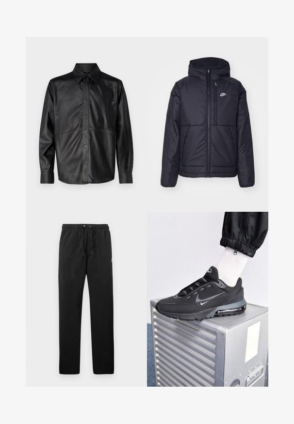 Giacca Nike nera, imbottita, con zip frontale e cappuccio. Presenta un logo bianco sul lato sinistro del petto e doppie tasche frontali. Texture esterna liscia.; Giacca camicia in pelle nera con colletto a punta, chiusura anteriore con bottoni, maniche lunghe e dettagli di cucitura in vista. Texture liscia.; Pantaloni sportivi neri in felpa, dotati di cintura elastica con cordini, due tasche anteriori e un piccolo logo sulla coscia.; Nike Sportswear PULSE - Sneakers basse - black/anthracite