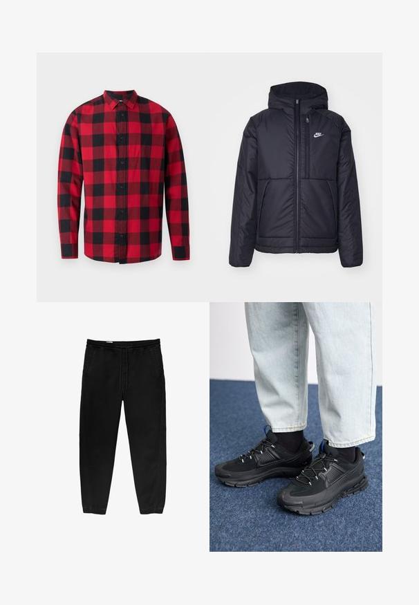 Musta, pehmustettu Nike-takki, jossa on etuvetoketju ja huppu. Vasemmassa rinnassa on valkoinen logo ja takissa on kaksinkertaiset etutaskut. Pintakoe on sileä.; Punainen ja musta ruudullinen flanellikuvioinen paita, jossa on napillinen etuosa, pitkät hihat ja kaulus. Sisältää klassisen ruutukuosin.; Mustat joustavat vyötäröhousut, joissa on nyöri, kapenevat lahkeet, sivutaskut ja hienovaraiset sivustikkaukset. Pehmeä puuvillakangas.; Mustat urheilukengät, joissa on teksturoitu kangas ja kumipohjat, elastiset nauhat ja sininen yksityiskohta kannassa. Yhdistetty vaaleisiin farkkuihin.