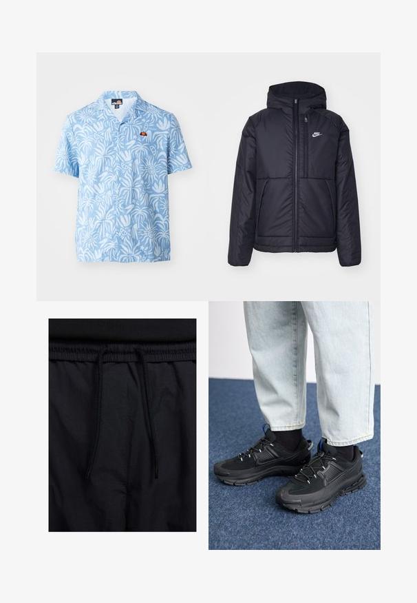 Svart, polstret Nike-jakke med frontglidelås og hette. Har en hvit logo på venstre bryst og doble frontlommer. Glatt ytterside.; Kortermet skjorte med knapper i lyseblått med hvite abstrakte mønstre, med en liten fargerik logo på brystet.; Sorte shorts med snor i livet, lett stoff med en jevn tekstur, og et enkelt design uten synlige logoer eller mønstre.; Svarte sportssko med teksturert stoff og gummisåler, med elastiske lisser og en blå detalj på hælen. Brukt med lyse denimbukser.