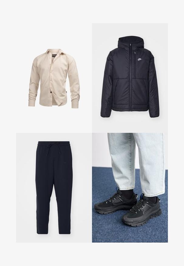 Black, padded Nike jacket with a front zipper and hood. Features a white logo on the left chest and dual front pockets. Smooth exterior texture.; Light beige long-sleeve button-up shirt with a collared neck, featuring a plain texture and standard cuffs, front placket, and black label accent.; Navy jogger pants made of soft fabric, featuring an elastic waistband with a drawstring, tapered legs, and side pockets.; Black athletic shoes with textured fabric and rubber soles, featuring elastic laces and a blue accent on the heel. Worn with light denim pants.